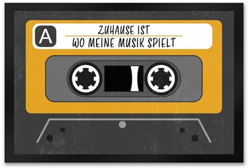Zuhause ist wo Meine Musik spielt Fußmatte XXL in 50x75 cm im trendigen Kassetten-Look Tapedeck Retro Mixtape Design Türmatte als Geschenk für Retro Nerds