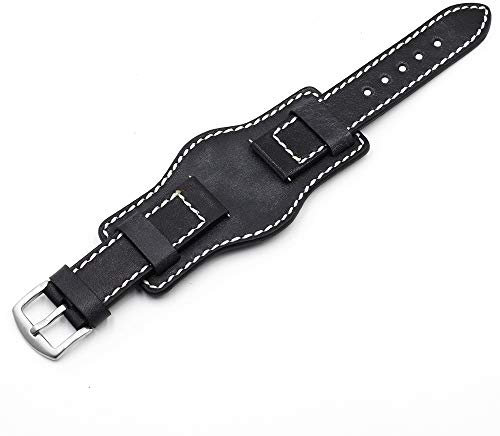 ZXF Uhrenarmbänder Leder, Leder Uhrenarmband 20mm 22mm 24mm Silber Edelstahl Schnalle Vintage Kuh Lederarmband (Band Color : Schwarz, Band Width : 24mm)