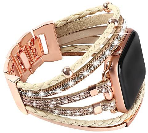WONMILLE Posh Leather Bands Compatible with Apple Watch 41mm 40mm 38mm 45mm 44mm 42mm 49mm Women, Boho Bracelets Jewelry Multilayer Wrap Strap for iwatch Series Ultra 10 9 8 7 6 5 4 3 2 1 SE