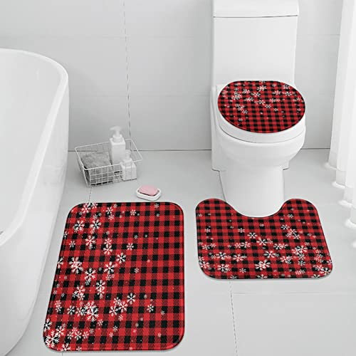 ArtSocket Weihnachts-Badezimmerteppiche und -matten, 3-teiliges Set, Neujahrs-Plaid-Badezimmerteppiche, rutschfest, Schneeflocke, saugfähig, Mikrofaser, Memory-Schaum-Badvorleger, maschinenwaschbar,