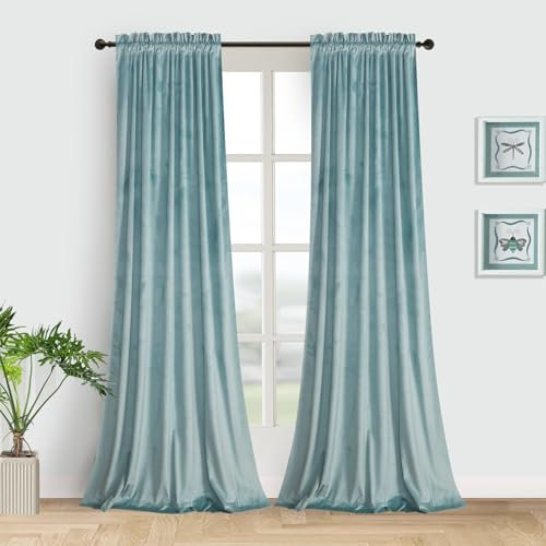 Roslywood Eggshell Blue Velvet Curtains 96 inches - Luxury Decor Blackout Thermal Insulated Sliding Door Curtains Drapes with Dual Rod Pocket for Living Room, Eggshell Blue, W52 x L96, 2 Panels