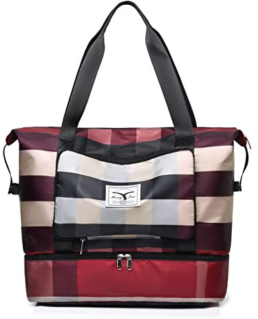 Faltbare Reisetasche mit Schuhfach, große Kapazität, faltbare Wochenendtasche, Übernachtungstasche, B-red, Large, Faltbar