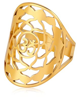 SIPURIS Lotusblüte Om Ohm Aum Symbol Ring Yoga verstellbare offene Ringe Versprechen Ringe Blume des Lebens filigraner Band Fingerring spiritueller Schmuck Geschenke für Damen Herren, Gold, Edelstahl