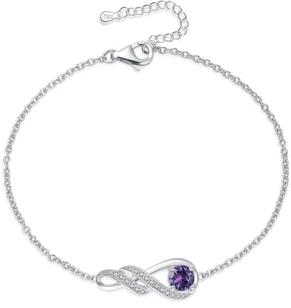 LOCIBLO February Birthstone Bracelets for Women 925 Sterling Silver Purple Synthetic Amethyst Bracelet White Gold Infinity Pendant Jewellery for Her, 6.7+1.2