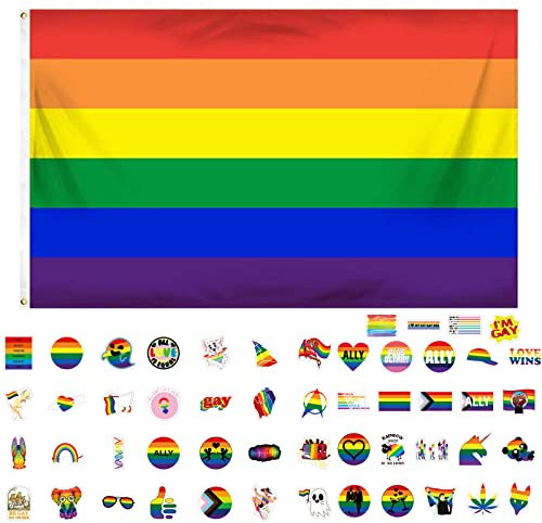 GoldRock LGBTQ Pride Flagge Set - Regenbogen 150x90 cm + 50 Stück Sticker, Progress Pride, Lesbian, Gay - Regenbogenfahne Mit 2 Messingösen
