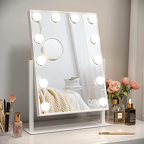 Dripex Specchio da Trucco con Luci, 30x41cm Specchio Hollywood da Tavolo con Lampadine a 12 Led Tre Colori di Luce e Funzione di Luminosità Regolabile con Controllo Tattile, Bianco