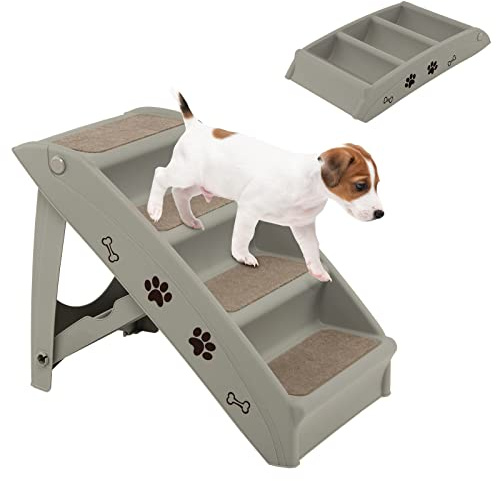 COSTWAY Scaletta Pieghevole per Animali, Scala di Plastica con 4 Gradini per Interno ed Esterno, con Feltro Morbido, Ideale per Animali di Piccola e Media Taglia, Capacità di Carico: 60 kg (Grigio)