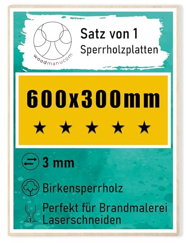 woodmanucom Sperrholzplatte 3mm Platten Aus Birkensperrholz Birkensperrholz Dünne Holz Zuschnitte Bastelholz Platte Sperrholz Holzplatte Laser Basteln Modellbau Holz Deko 1 Stk 600 x 300 mm