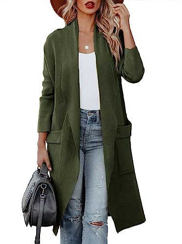 Uusollecy Strickjacke Damen Langarm Drapiert Open Front, Lange Cardigan mit Taschen Olivgrün M