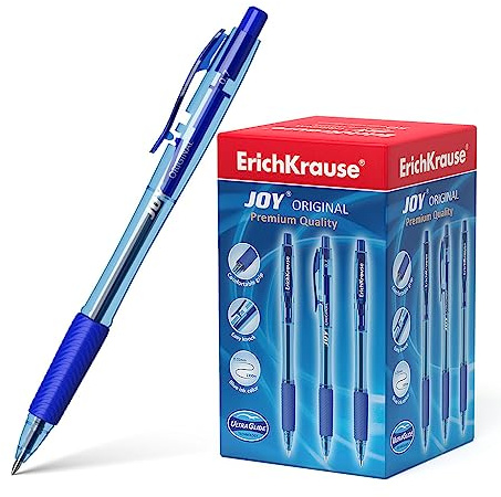 Erich Krause Druckkugelschreiber 0,35mm 50er Pack Blau - einfaches und weiches Schreiben - schlanke Form & transparent - Kulis & Schreibtischzubehör - mit Gummigriff - JOY Original