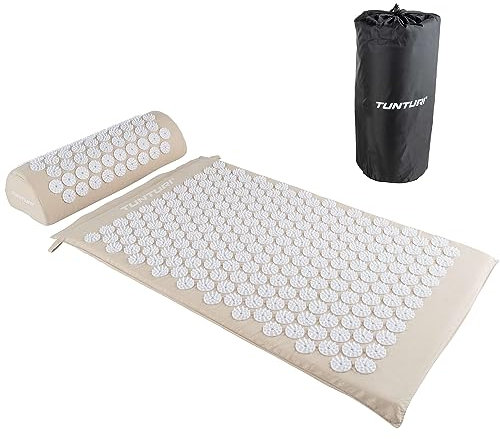Tunturi Akupressurmatte mit Kissen - Akupunktur Matte - Stachelmatte für Rücken, Nacken, Fuße, Ganzkörper - 2in1 Nagelmatte Akupressurmatte - Anti Stress - 68x42x2cm - Beige