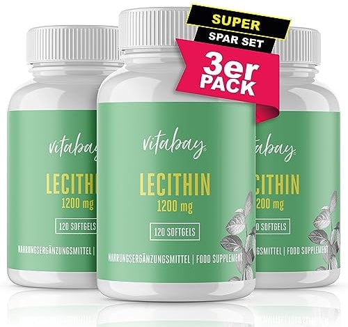 Vitabay Lecithin 1200 mg | 360 vegane Sojalecithin Softgels | Soja Lecithin mit Phosphatidylcholin | Rein biologisch & ohne Gentechnik | Stillen Vitamine mit Vitamin E | L. Pulver Alternative
