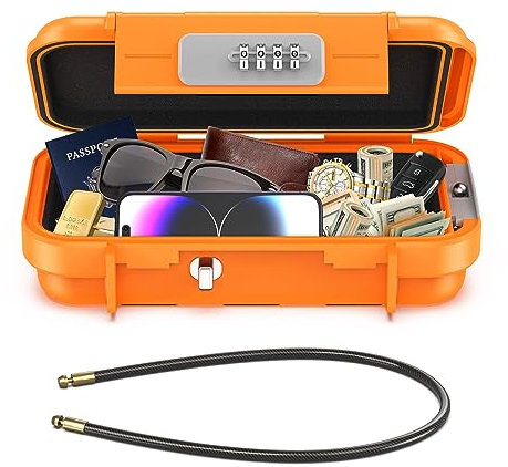 ORIA Portable Safe Box with Code, Outdoor Secure Key Storage with Removable Wire Rope, Key Safe with Combination, Weatherproof Key Storage Padlock Box for Home, Cars, Travel, Office, Sports (Orange)