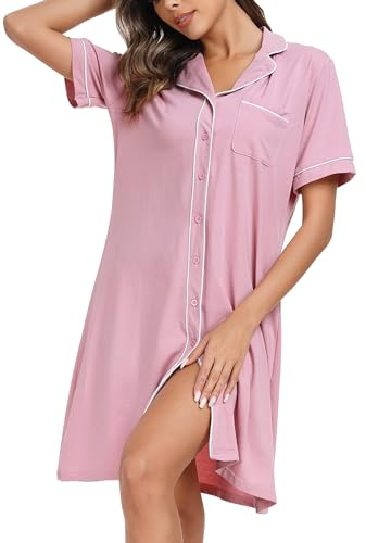 Wikoan Chemise de Nuit Femme en Coton Robe de Nuit à Manches Courtes Chemise de Nuit Été Vêtements de Nuit avec Col V
