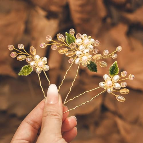 IYOU Perle Hochzeit Haarnadeln Gold Blume Braut Haarschmuck Blatt Perlen Gast Brautjungfer Kopfstück für Frauen (3 Stück)