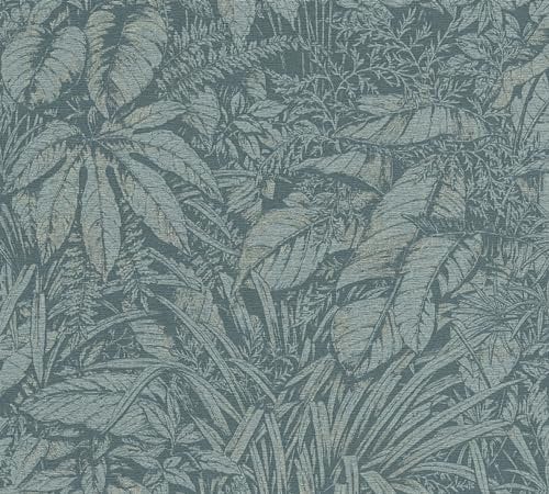A.S. Création Smart Surfaces Florale Vliestapete mit Palmenblätter 10,05 m x 0,53 m - Blau, Petrol, Silber - Tapete mit Blättermotiv Made in Germany - 395603