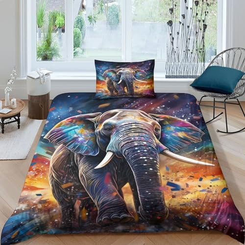 ESSAHI Elefanten Bettwäsche Set 3D Drucken Bettwäschegarnitur Schlafkomfort Microfaser Wildes Tier Bettbezug Set 3-teilig Mit Reißverschluss Und Kissenbezüge Für Mädchen Junge Single（135x200cm）