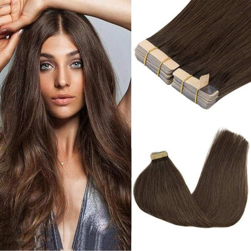 GOO GOO Tape-Extensions Echthaar, 55 cm, 100g, 40 Stück, Schokobraun, Lockig, Salon-Qualität, 2-4 Monate Haltbarkeit, Klebeband Installation, Tape-in Haarverlängerung