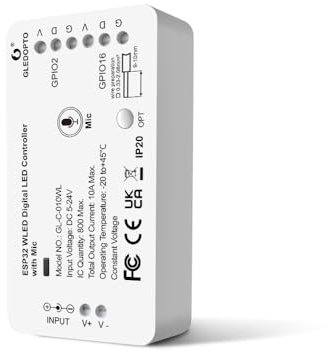 GLEDOPTO ESP32 WLED Digital Strip Light Controller mit MIC Funktion DIY Lichteffekt 100+Support WS2811, SK6812, SM16703P, WS2812B, etc. Strip Light DC5-24V (Modern)
