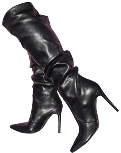 BaKume tacchi donna Tacco Alto 12 Cm Punta Nera Tacco Fine Stivali Al Ginocchio da Donna Alla Coscia