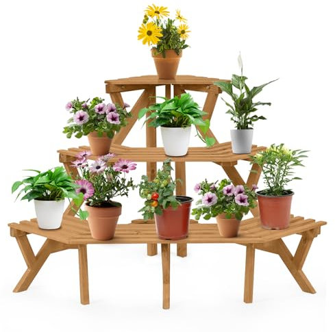 COSTWAY 3-Tier Plant Stand, Freestanding Wooden Corner Ladder Flower Pots Rack, Indoor Outdoor Bonsai Display Holder Storage Shelving Unit for Living Room Balcony Garden Patio