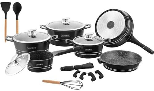 Royalty Professional Kochgeschirr-Set aus Aluminiumguss, Antihaftbeschichtung, Lavastein, Induktions- und Gasdeckel, Glasdeckel, inklusive Werkzeug RL-ES1014M (schwarz)
