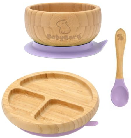 BABYBARA ® Plates and Bowls Set, Weaning Set, Baby Weaning Set, Bamboo Bowl Plate and Spoon, Segmented Baby Feeding Set with suctions, Baby weaning Essentials, Tableware Set