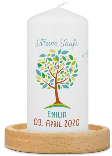 GRAVURZEILE Taufkerze Lebensbaum mit Namen, Datum & Taufspruch - Hochwertige Stumpenkerze 120/57 mm brilliant bedruckt - Personalisiertes Taufgeschenk für Mädchen & Jungen - Kleine Kerze Grün