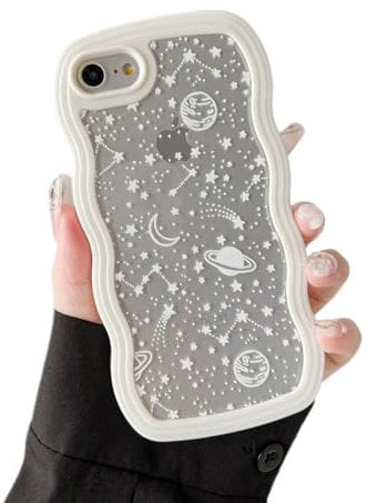 ZTOFERA for iPhone SE/8/7 Case 4.7 inch,Cute Curly Wave Frame Shape Case with Star Space Pattern, Clear Slim Shockproof Hard PC Bumper Phone Case for iPhone SE/8/7, White
