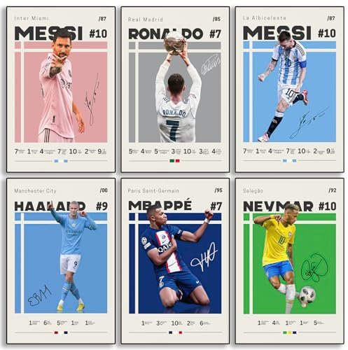 BAOGELI Messi, Ronaldo, Mbappe, Haaland, Neymar Soccer Leinwandposter, Wandkunstdruck, 6 Stück, Geschenke für Jungen, Wohnzimmer, Schlafzimmer, Dekoration, ungerahmt: 20,3 x 30,5 cm