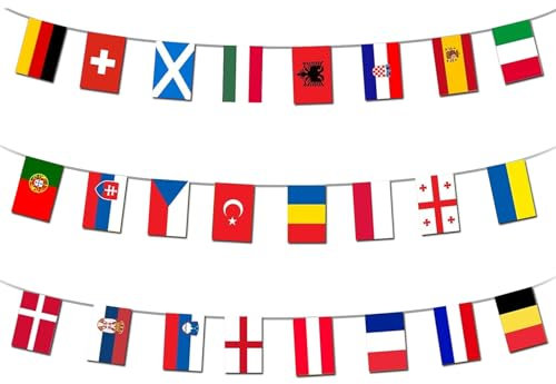 Banderines, 24 banderas de campeonato de fútbol, bandera de tela de la Copa Europea, tabla de pared de banderas de países, para concurso de equipos olímpicos, decoración de calle de jardín (14 x 21