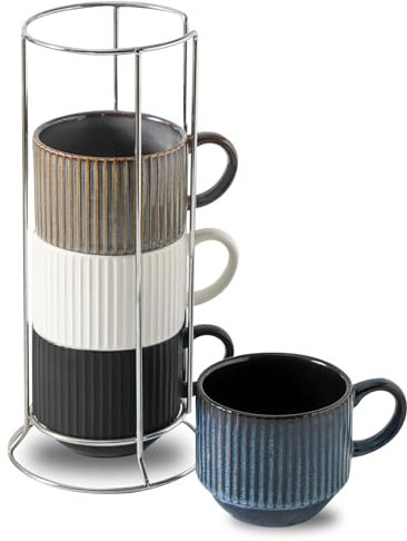 Tikooere Ceramic Coffee Mugs with Stand,15 Ounce Stackable Coffee Cups Set of 4 for Latte,Cappuccino,Mocha,Cocoa,Ribbed Vintage Coffee Cups for Men Women,Dishwasher & Microwave Safe,Striped Multicolor