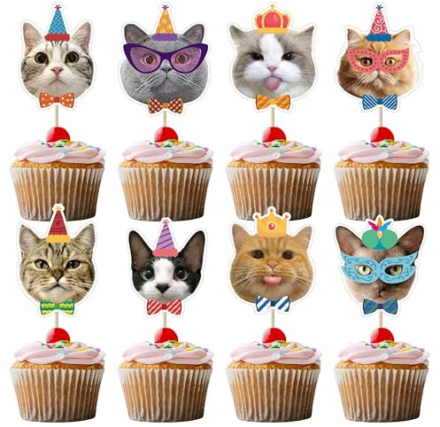 Party Go 32PCS Cat Cupcake Toppers Kitten Pet Cupcake Picks Cats Face Cake Toppers Kitten Pet Theme Cake Decorations Toothpicks for Pet Cat Themed Birthday Party Cake Decor Favors Supplies