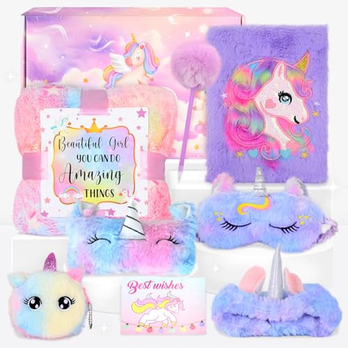 Einhorn Geschenke für Mädchen, Einhorn Kuscheltier Geburtstagsdeko Leuchtende Plüsch Decke Federmäppchen Brieftasche Augenmaske Stirnband, Ostern Geburtstagsgeschenk für Mädchen 5 6 7 8 9 10 Jahre