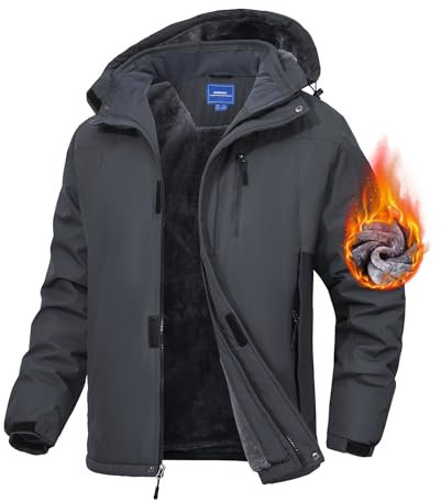 Zoofly Herren Winterjacke Winddichte Skijacke Camping Fleecejacke Atmungsaktiv Abnehmbarer Kapuze Snowboardjacke Mit Tasche For Männer Dunkelgrau-L