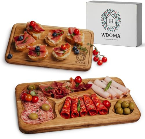 WDOMA Frühstücksbrettchen holz aus Eiche 2er Set - Servierbrett Holz - Snackteller mit Fächern - Vesperbrett Holz - Holzplatte Servierplatte Frühstück Abendbrot - Servierteller Jausenbrett