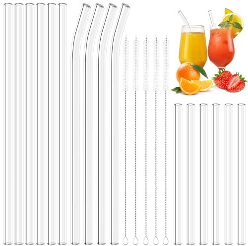 KMFYMPT 16 Pieces Glass Straws, Reusable Drinking Clear Straws 6 Short + 6 Long Straight Glass Straws, 4 Curved Glass Drinking Straws with 4 Cleaning Brushes for Smoothies, Milkshakes, Coffee, Juice