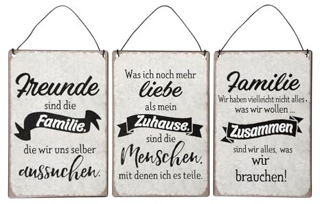 levandeo 3er Set Blechschilder H15cm Freunde Familie Sprüche Zuhause Wandbild Wanddeko Deko Schilder Shabby Chic Geschenk