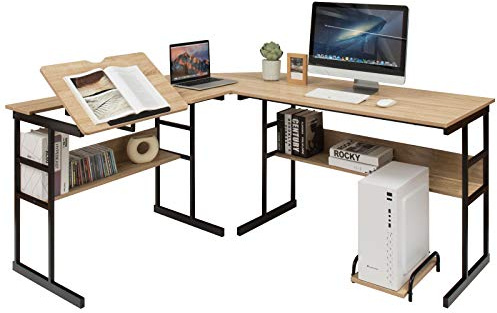 GIANTEX Eckschreibtisch in L-Form 170cm Computertisch mit 2 Ablagen, neigbare Klinge, Zentraleinheit, Computertisch, platzsparend, Industriestil (Natur)