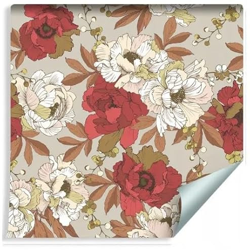 Papier peint mural à fleurs, motif pivoine, rouge et blanc, auto-adhésif