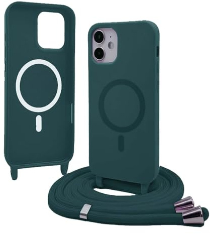 Bigcousin Coque Magnétique pour iPhone 12 avec Cordon,[Compatible avec MagSafe],Silicone avec Collier Case Portable Cover,Réglable Collier Lanyard Case,Vert foncé