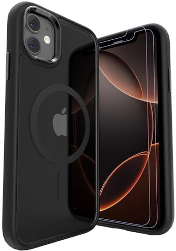 LUNOVATE Case for iPhone 11/iPhone XR, [Anti-Yellow] Magnetic Clear Cover with TPU Bumper, Transparent PC Back + 2 Screen Protectors, Shockproof Phone Case for iPhone 11 & iPhone XR 6.1 Inch - Black