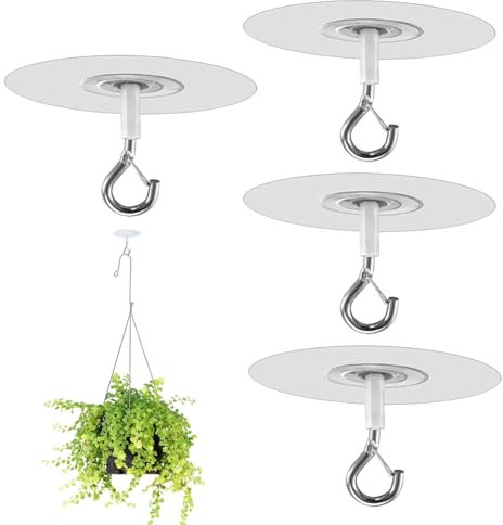 Yuiturt 4PCS Heavy Duty Adhesive Ceiling Hooks, No Drill Self Stick Hanging Hooks for Plants, Bird Feeders, Wind Chimes, Lights & Decor, Strong Sticky Ceiling Mount Hangers for Indoor/Outdoor Use