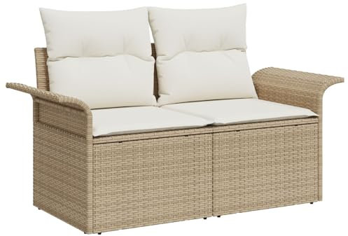 vidaXL 2-Sitzer Outdoor Sofa mit Stauraum in Beige und Creme gewebtem Rattan Stoff Polyester Kissen perfekt für Balkon Wintergarten Nutzung modernes Design wetterbeständig Bequeme Sitze
