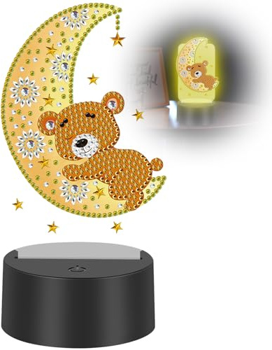 Idota Diamond Painting Veilleuse Bricolage Peinture Diamant Art Kit DIY Veilleuse Kit Bricolage Cadeaux pour Enfants Cadeau d'anniversaire (ours lune)