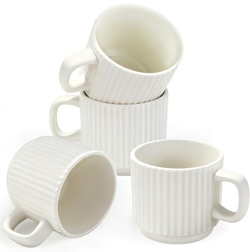 Hioph Set of 4 Ceramic Coffee Mugs, Stackable Ribbed Mugs, Ceramic Espresso Mugs for Cappuccino, Latte, Hot Black Tea, with Handle (White)