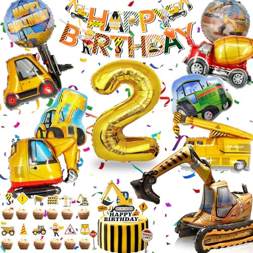 Baustelle Kindergeburtstag Deko 2 Jahre, Bagger Ballons mit Banner | Mit 40-Zoll Zahl 2, 4D-Bagger, Baufahrzeug-Ballons, Happy Birthday Banner, Tortendeko