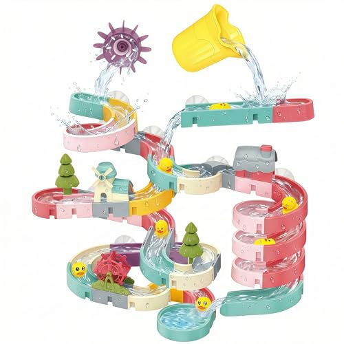 Vivyklfc Wasserrutschen-Set Badewannenspielzeug, DIY BAU- & Wasserspiel mit Saugnäpfen, Drehendem Windrad, Lustiges Edukatives STEM-Spielzeug Ente & Perlen für Kleinkinder ab 3 Jahren