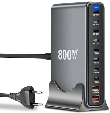 800W USB Ladegerät Mehrfach - 10 Ports Schnellladegerät mit 8 USB C + 2 USB A, Power Ladestation für mehrere geräte kompatibel mit MacBook, iPad, iPhone 17/16/15/14 Serie, Galaxy S22/ S20, Dell, HP