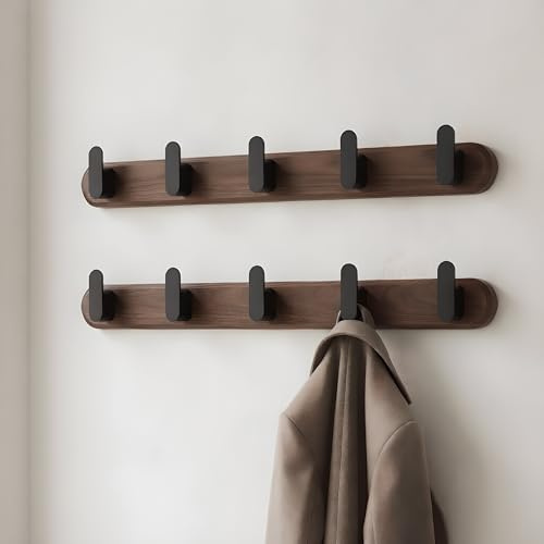 Jugen Coat Hooks Wall Mounted – Solid Black Walnut Wooden Coat Rack, 5 Matte Black Heavy Duty Hooks for Coats, Clothes & Bags, Hidden Mount Design (2, 45cm)